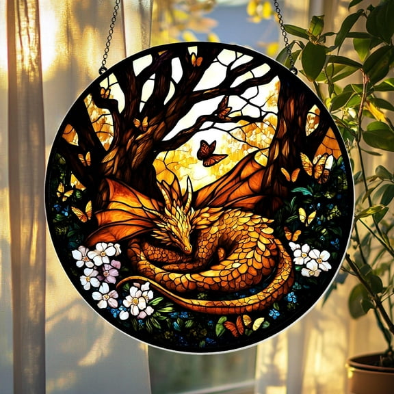 Sleeping Dragon Faux Stained Glass Suncatcher, Dragon Window Decor for Fantasy Readers and Dragon Lover, Dragon Home Decor
