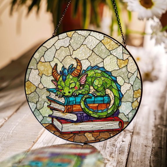 Sleeping Dragon Glass Suncatcher, Fantasy Decor, Book Lovers, 3.5 in