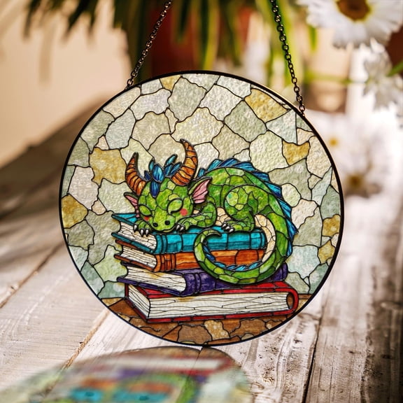 Sleeping Dragon Glass Suncatcher Fantasy Decor Gift For Book Lovers, Suncatcher Window Hanging, 3.5 in