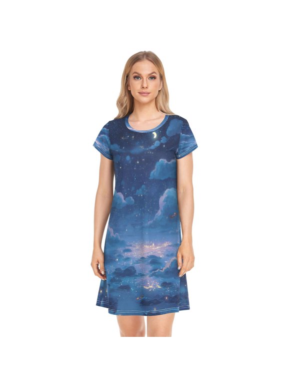Sleeping Dress Women's Nightgowns & Sleepshirts Nightgowns for Women Soft Fabric Easy to Put on and Take off L Blue Night Sky