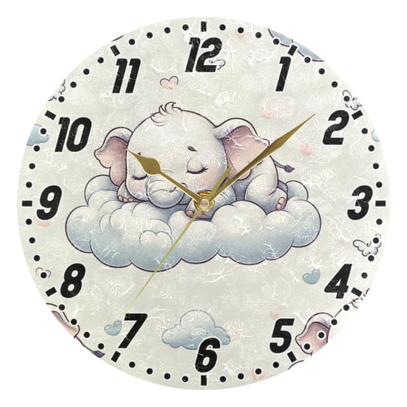 Sleeping Elephants on Clouds Round Wall Clock Battery Operated Silent Non-Ticking Bedroom Office Kitchen Home School Decor 10"(Gold)