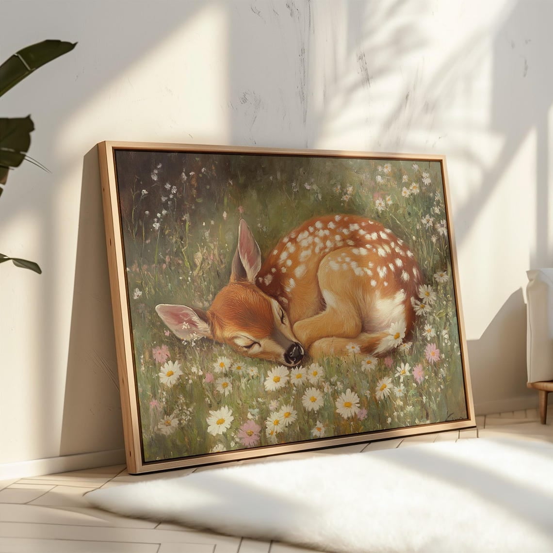 Deer Woodland Animals Nursery Art Sleeping Fawn And Daisy Field