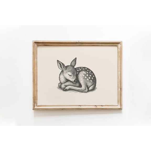 Sleeping Fawn Vintage Black and White Deer Decor, Unframed Paper Poster 8x10in