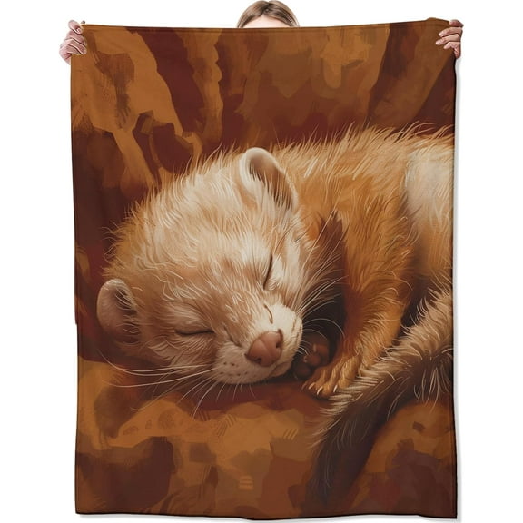 Sleeping Ferret Flannel Throw Blanket,for Bedroom Sofa Travel and Camping,Soft Cozy Plush Adorable Animal Art in Warm Brown Tones Blankets,Decor Gifts for Adults,50x60inch