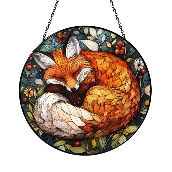 Sleeping Forest Animal Stained Glass Window Hanging – Nature Inspired Decor