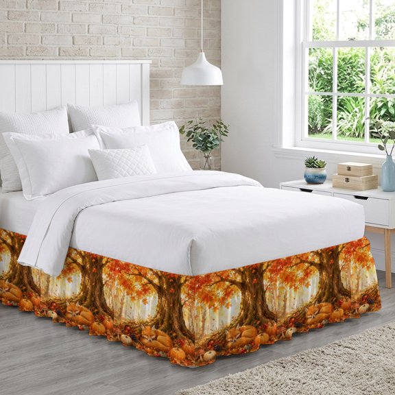 Sleeping Fox Bed Skirt King Size 16 Inch Drop, Forest Wildlife Pumpkin Rustic Orange Gold Maple Leaf Tree Adjustable Elastic Dust Ruffles Bedskirt for King Bed Wrap Around Pleated Mattress Cover