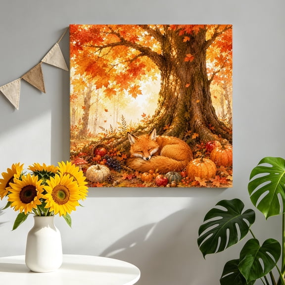Sleeping Fox Canvas Wall Art for Living Room, Forest Wildlife Pumpkin Rustic Orange Gold Maple Leaf Tree Poster Print Painting for Bedroom Office Home Decoration Wall Pictures Prepare To Hang 8"x8"