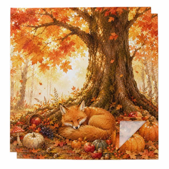 Sleeping Fox Cloth Napkins Set of 2 Forest Wildlife Pumpkin Rustic Orange Gold Maple Leaf Tree Soft Washable Square Dinner Napkins for Party Wedding Restaurant Hotel Cocktail 20x20 Inch
