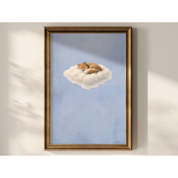 Sleeping Fox Cloud Woodland Nursery Baby Room Decor Animal Forest Theme Nursery, Unframed Poster