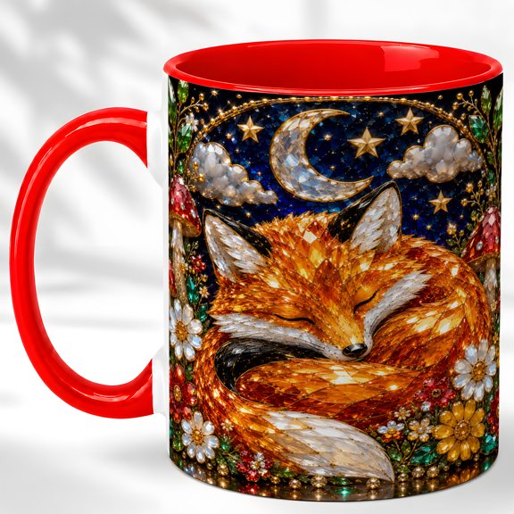 Sleeping Fox Coffee Mug, Moon Woodland Mug, Ceramic 11 oz