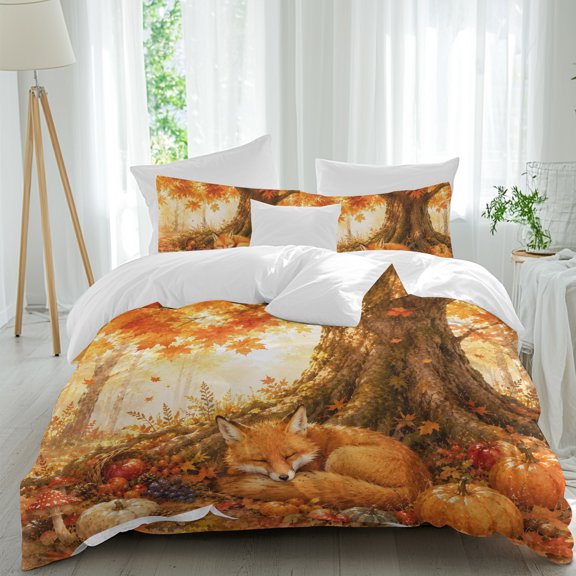 Sleeping Fox Comforter Set King Size, Forest Wildlife Pumpkin Rustic Orange Gold Maple Leaf Tree Soft Bedding Set for Man Woman, 4 Pieces Duvet Cover Set with Fitted Sheet, 2 Pillowcases