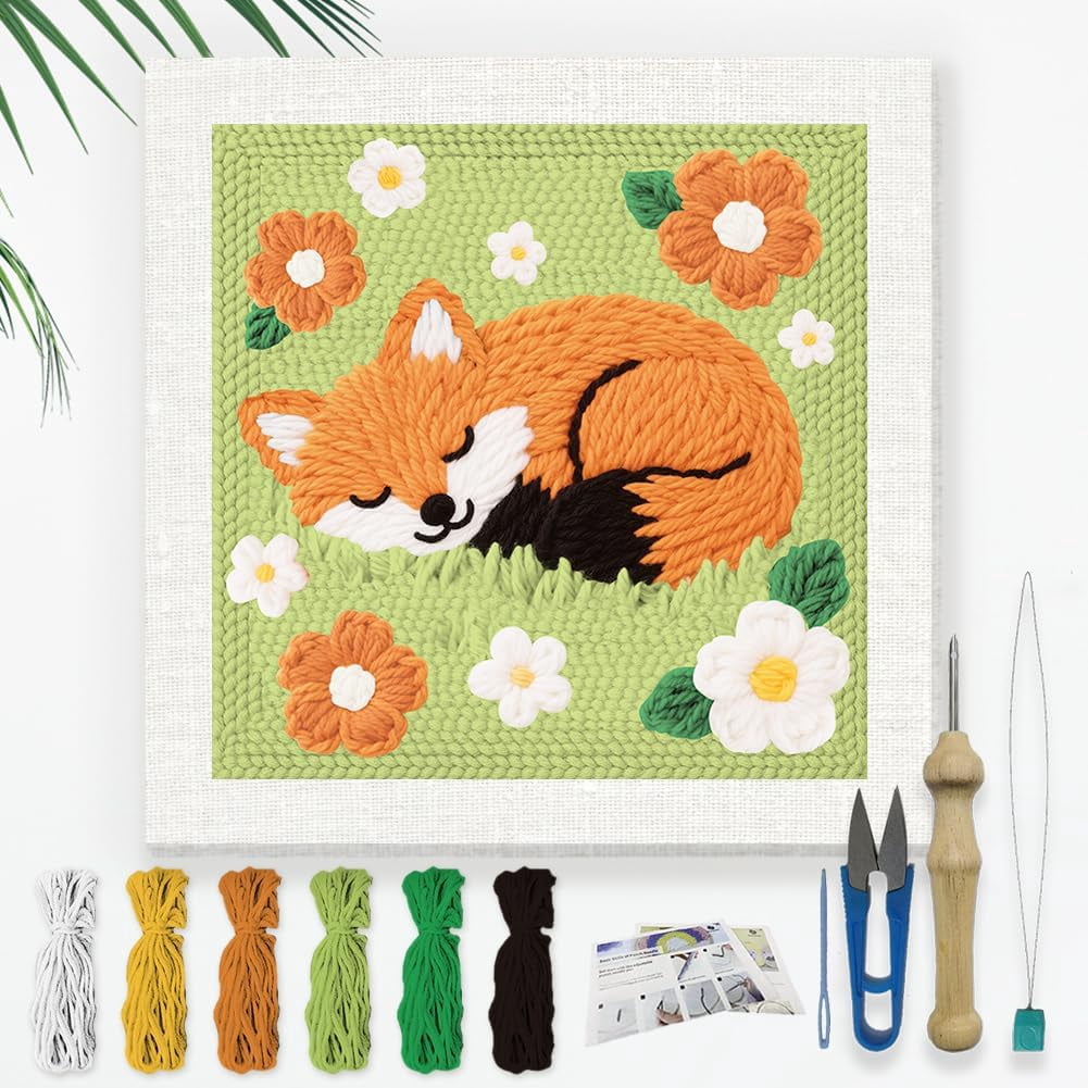 Sleeping Fox DIY Punch Needle Embroidery Kit for Adult Beginner 9.4 ...