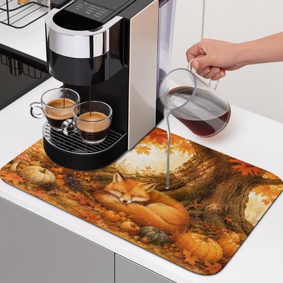 Sleeping Fox Dish Drying Mats for Kitchen Counter, Forest Wildlife Pumpkin Rustic Orange Gold Maple Leaf Tree Absorbent Coffee Bar Mat with Non-slip Rubber Backed Quick Drying Dish Rack Pad 16"x18"
