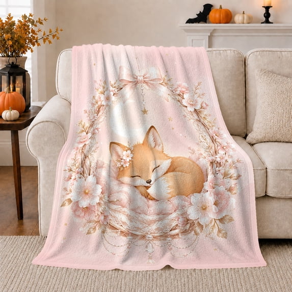 Sleeping Fox In Pink Floral Wreath With Moon Bow And Stars, Cozy Flannel Blanket for Fox Art Enthusiasts, Dreamy Whimsical Home Decor for Bedroom and Living Room, Just Because Gift