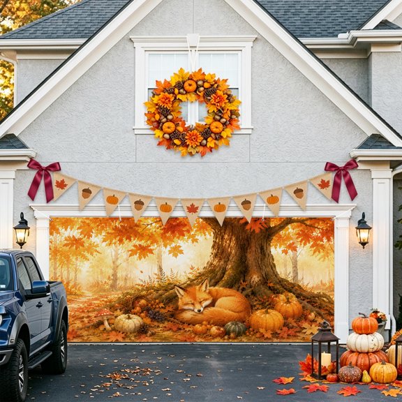 Sleeping Fox Garage Door Banner Covers, Forest Wildlife Pumpkin Rustic Orange Gold Maple Leaf Tree Large Hanging Indoor/Outdoor Backdrop Background for Christmas Winter Party Decor, 6.9x16ft
