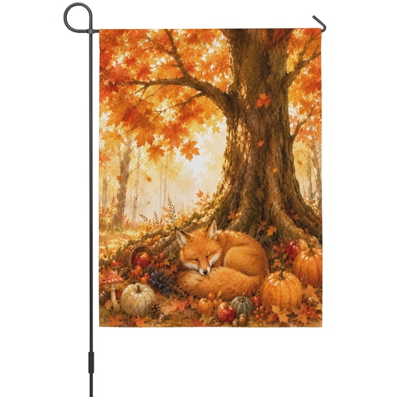Sleeping Fox Garden Flag 12 x 18 Inches, Forest Wildlife Pumpkin Rustic Orange Gold Maple Leaf Tree Weather Proof Outdoor Patio Flags Double Sided Small Garden Decoration for Yard Outside Home