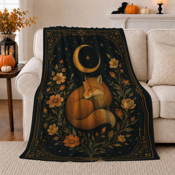 Sleeping Fox Under Golden Crescent Moon Serene Celestial, Cozy Friendship Quote Scene, Warm Flannel Blanket for Living Room and Reading Nook, Art Lovers Friendship Gift, Fantasy Home Decor