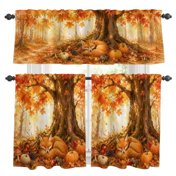 Sleeping Fox Kitchen Curtains Valances 3 Pcs Set, Forest Wildlife Pumpkin Rustic Orange Gold Maple Leaf Tree Rod Pocket Tier Curtain and Valance Drapes for Small Window 24 Inch Length for Bedroom