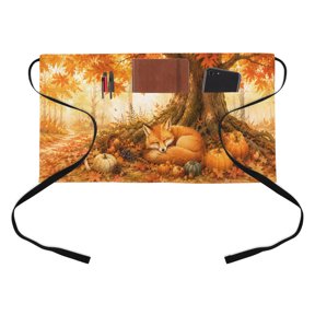 Sleeping Fox Kitchen Restaurant Half Waist Apron, Forest Wildlife Pumpkin Rustic Orange Gold Maple Leaf Tree Server Short Apron with 3 Pockets Waterproof Oil Waist Aprons for Women Waitress Waiter