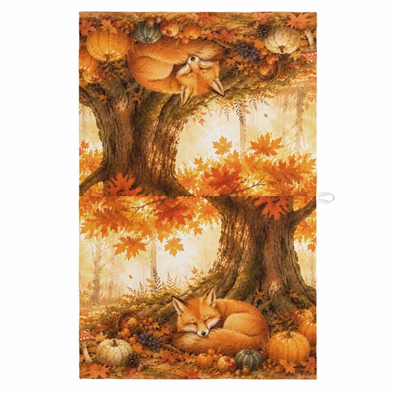 Sleeping Fox Kitchen Towels Dish Towel Pack of 1 Forest Wildlife Pumpkin Rustic Orange Gold Maple Leaf Tree Soft Dish Cloth Set Absorbent Dishcloth for Drying Dishes, Hand Towels 18 x 28 Inches