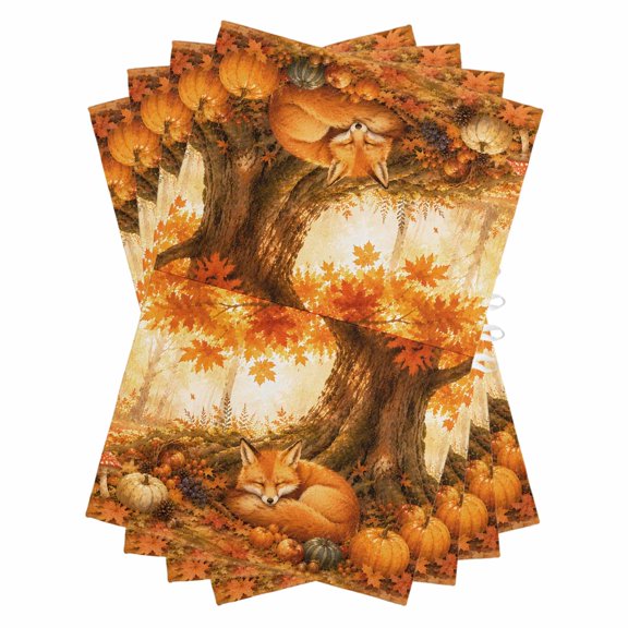 Sleeping Fox Kitchen Towels Dish Towel Pack of 4 Forest Wildlife Pumpkin Rustic Orange Gold Maple Leaf Tree Soft Dish Cloth Set Absorbent Dishcloth for Drying Dishes, Hand Towels 18 x 28 Inches