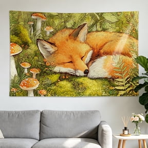 Sleeping Fox Mushroom Forest Nature Wall tapestry,Large size Printed Horizontal Tapestry blanket,Polyester Fabric Wall Hanging for bedroom,living room,No Installation Required,Indoor,Outdoor,Gift for