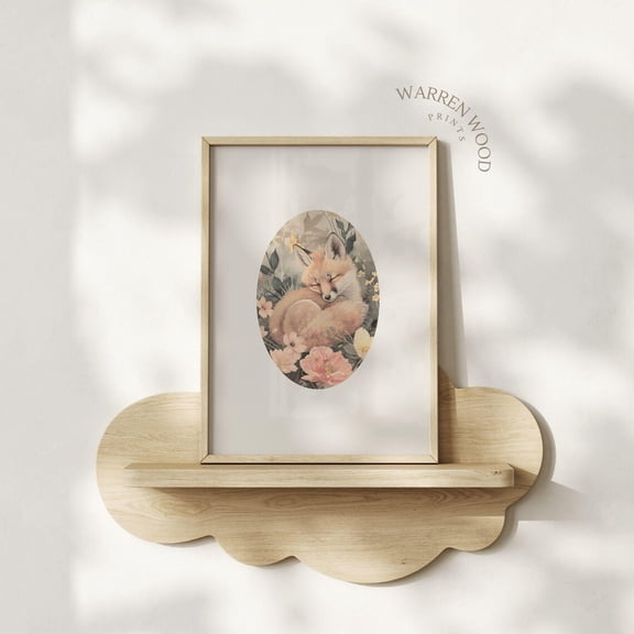 Sleeping Fox Nursery Print, Vintage Woodland Animal Wall Art, Neutral Spring Floral Decor, Oval Illustration Baby Room, Rustic Fox Artwork Home Decor #1691, Stretched Canvas Size 12x18