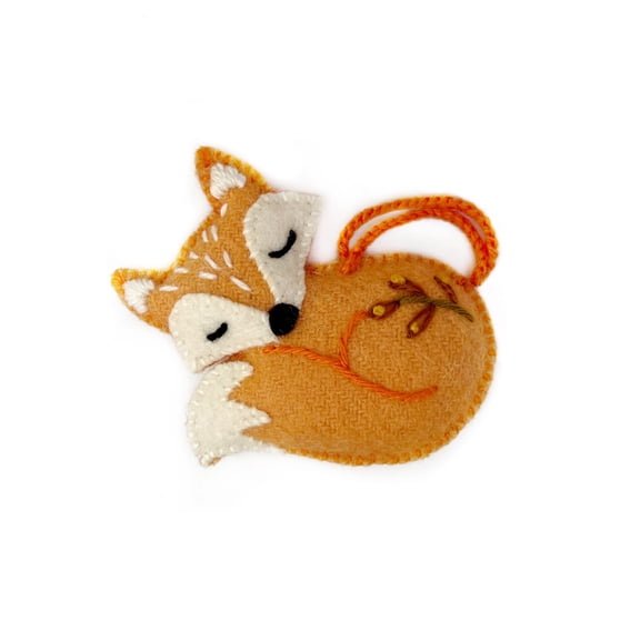 Sleeping Fox Ornament, Fair Trade Embroidered Wool Christmas Decor Handmade in Peru