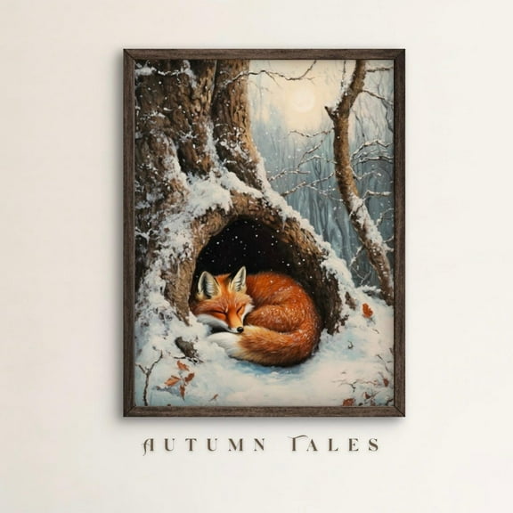 Sleeping Fox Poster Wall Art Snowy Forest Print Moody Wildlife Animal Nature Seasonal Decor UNFRAMED Poster, 12x18