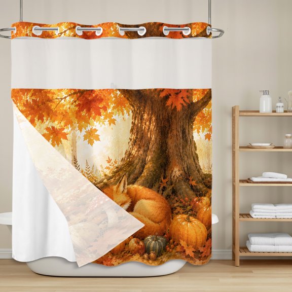 Sleeping Fox Shower Curtain with Snap in Liner, Forest Wildlife Pumpkin Rustic Orange Gold Maple Leaf Tree Waterproof Shower Curtains with See Through Top Window Liner for Bathroom 72x72 Inches