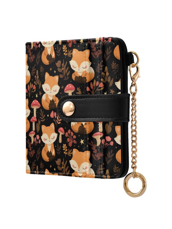 Sleeping Fox Small Wallet for Women RFID Blocking Bifold PU Leather Credit Card Holder with Zipper Coin Pocket Compact Cute Travel Purse Magnetic Snap 7 Card Slots