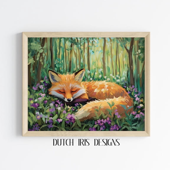Sleeping Fox In Spring Wildflowers, Woodland Animal Art, Cottagecore Landscape, Rustic Nature Wall Decor, 414 Home Decor #2073, Stretched Canvas Size 12x18