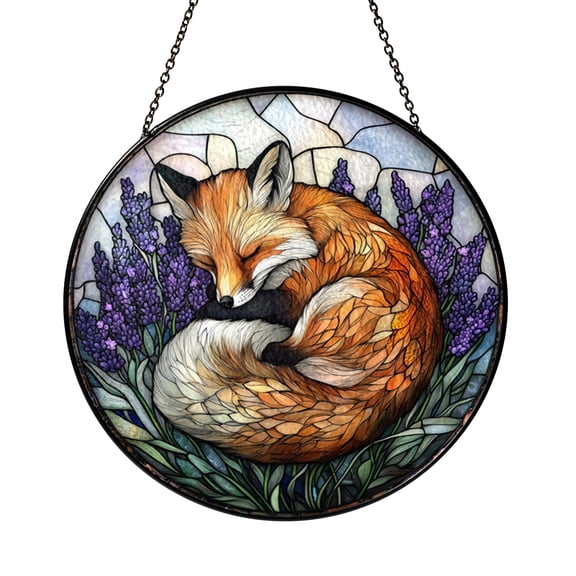 Sleeping Fox Stained Glass Suncatcher, Round Window Hanging Decor Featuring Resting Fox in Woodland Autumn Scene
