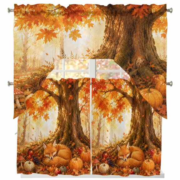 Sleeping Fox Swag and Tier Curtains Set, Forest Wildlife Pumpkin Rustic Orange Gold Maple Leaf Tree Kitchen Valances with Tier Curtains 36 in Long, Light Filtering Curtains for Sink Laundry Bathroom