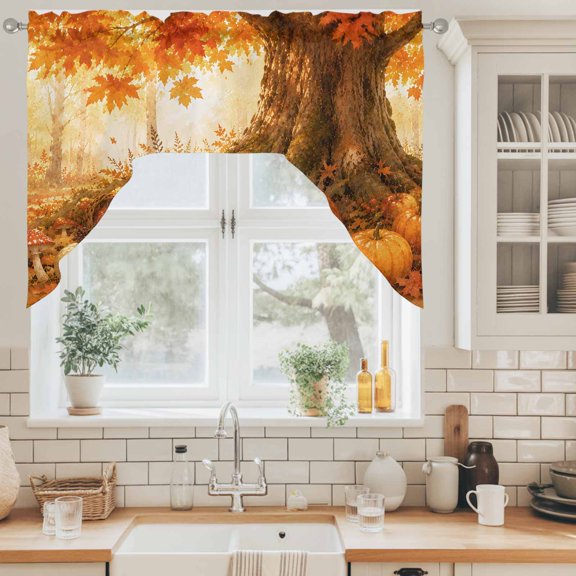 Sleeping Fox Swag Valance for Windows, Forest Wildlife Pumpkin Rustic Orange Gold Maple Leaf Tree Swag Curtains Valances for Small Window Treatment Rod Pocket for Kitchen Bathroom 1 Panel 56x36in