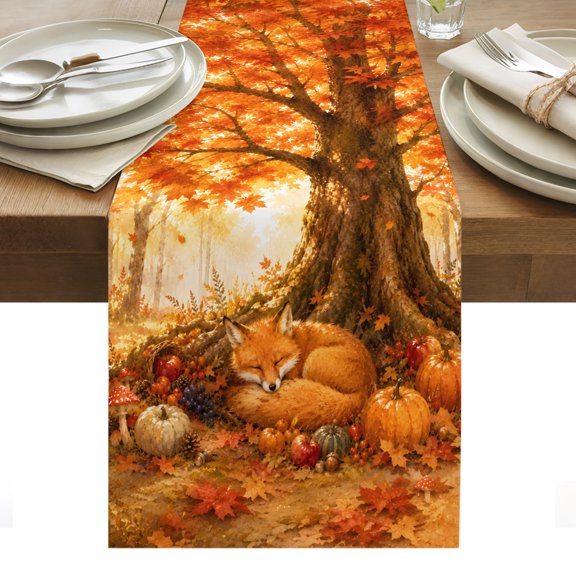 Sleeping Fox Table Runner, Forest Wildlife Pumpkin Rustic Orange Gold Maple Leaf Tree Washable Kitchen Table Runners for Dining Table Decorations Party/Restaurant/Indoor Outdoor Use, 13x36in