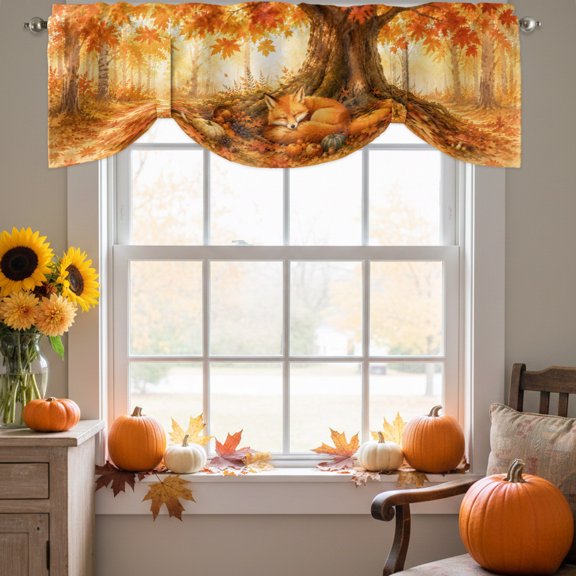 Sleeping Fox Tie Up Valance for Windows, Forest Wildlife Pumpkin Rustic Orange Gold Maple Leaf Tree Adjustable Rod Pocket Tie Up Valance Curtains for Kitchen Bathroom Bedroom 42 X 12 Inch