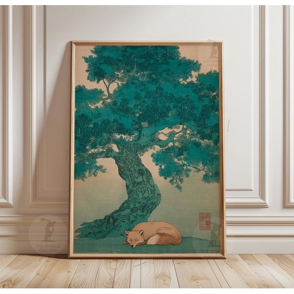 Sleeping Fox Under Tree Poster Unframed Paper Print