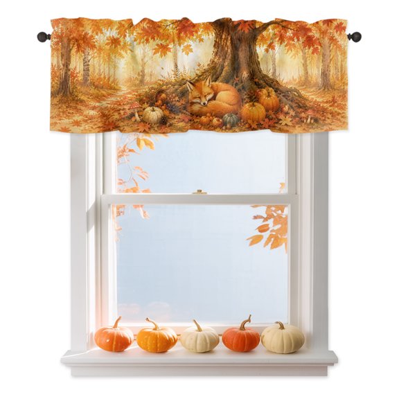 Sleeping Fox Valances for Windows, Forest Wildlife Pumpkin Rustic Orange Gold Maple Leaf Tree Rod Pocket Valance Short Window Treatments Curtains for Kitchen Bathroom Bedroom Decor, 60 x 18 Inches