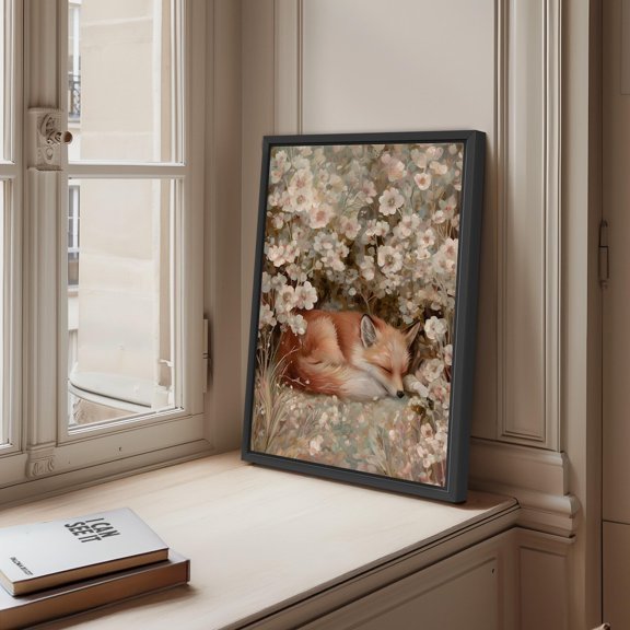 Sleeping Fox Wall Art Print, Neutral Woodland Floral Home Decor