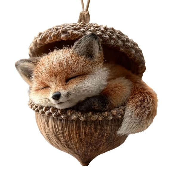 Sleeping Fox in Acorn Ornament, Resin Forest Animal Hanging Decor, Cute Christmas Tree Decoration for Nature Lovers