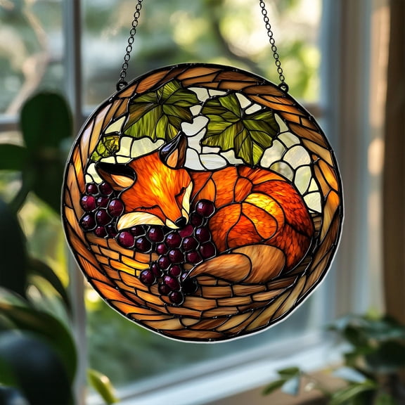 Sleeping Fox in Basket Suncatcher with Grapes and Leaves, Cozy Autumn Woodland Acrylic Window Hanging Decor Gift