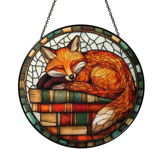 Sleeping Fox on Books Stained Glass Suncatcher – Window Art Decor