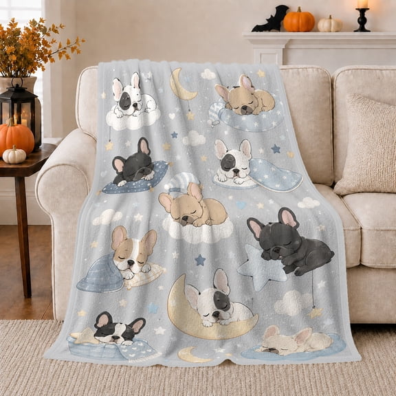 Sleeping French Bulldogs on Clouds, Cute Celestial Style for French Bulldog Lovers, Dreamy Sky Puppy Pattern, Warm Flannel Blanket for Living Room and Bedroom, Christmas Gift and Puppy Home Decor