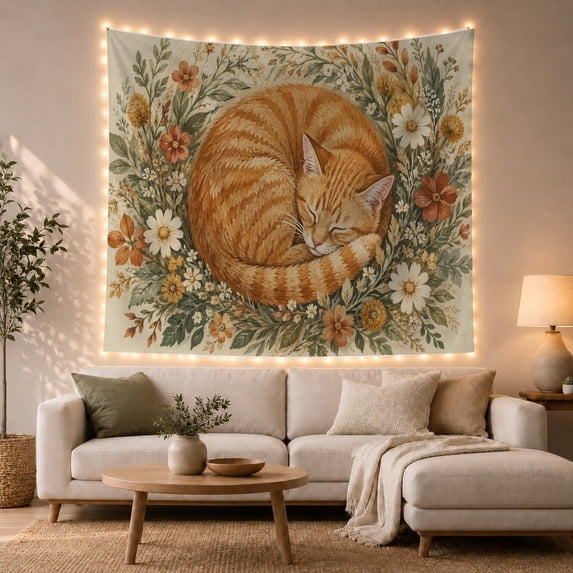 Sleeping Ginger Cat in a Wildflower Wreath, Serene Cottagecore Style for Cat Lovers, Botanical Wall Art, Housewarming Gift, Tapestry Wall Hanging for Bedroom and Dorm