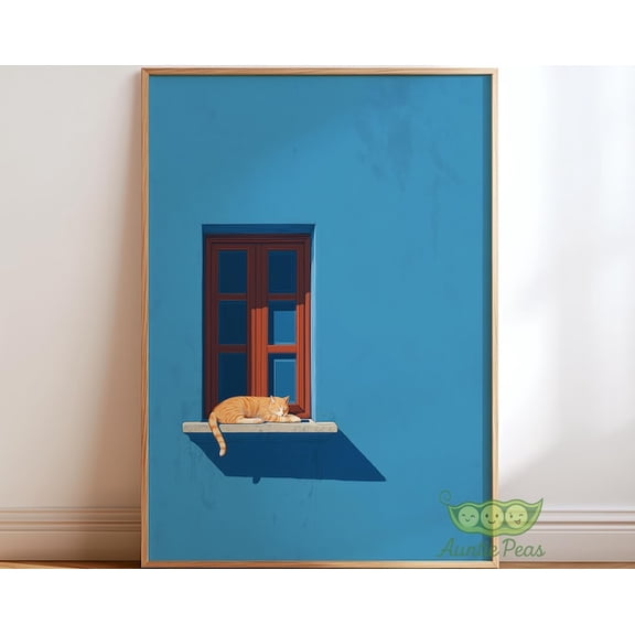 Sleeping Ginger Cat Window Wall Art Print, Unframed Paper Poster 8x10in