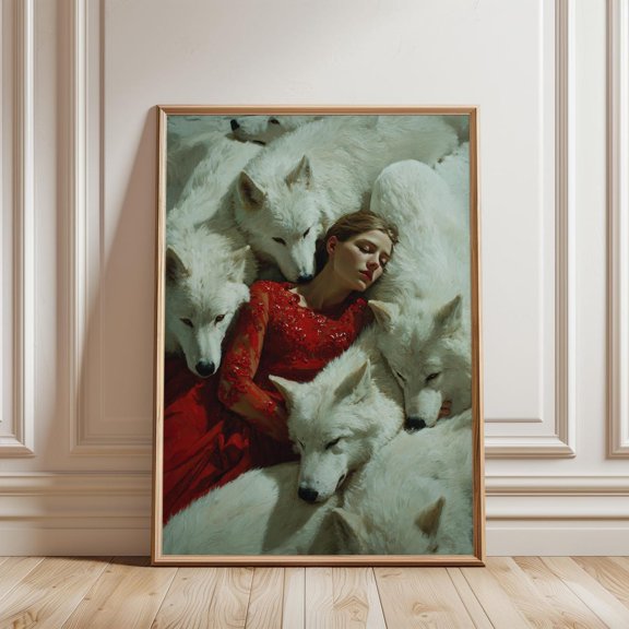 Sleeping Girl Surrounded By White Wolves Fantasy Wall Art Print, Unframed Paper Print