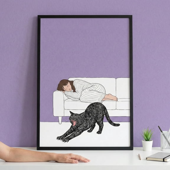 Sleeping Girl and Black Cat Wall Art Cozy Home Minimalist Purple Aesthetic, Unframed Canvas 24x36in