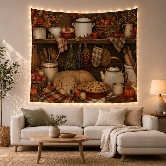 Sleeping Golden Retriever Puppy in Rustic Autumn Kitchen, Cozy Farmhouse for Dog Lovers, Rustic Wall Decor, Thanksgiving Gift, Tapestry Wall Hanging for Living Room and Study Room