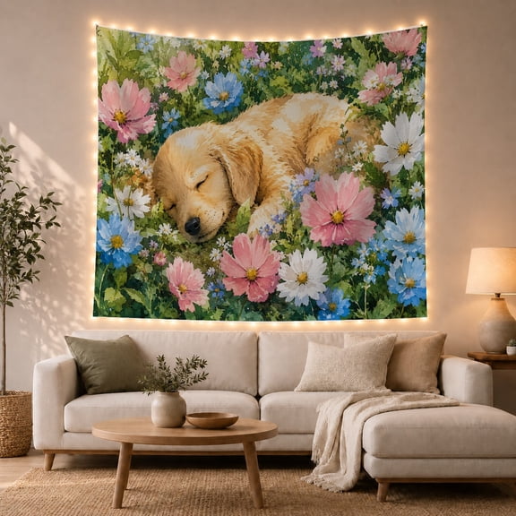 Sleeping Golden Retriever Puppy in Wildflower Meadow, Whimsical Serene Watercolor for Dog Lovers, Pet Lover Wall Art, Housewarming Gift Tapestry Wall Hanging for Bedroom, Living Room